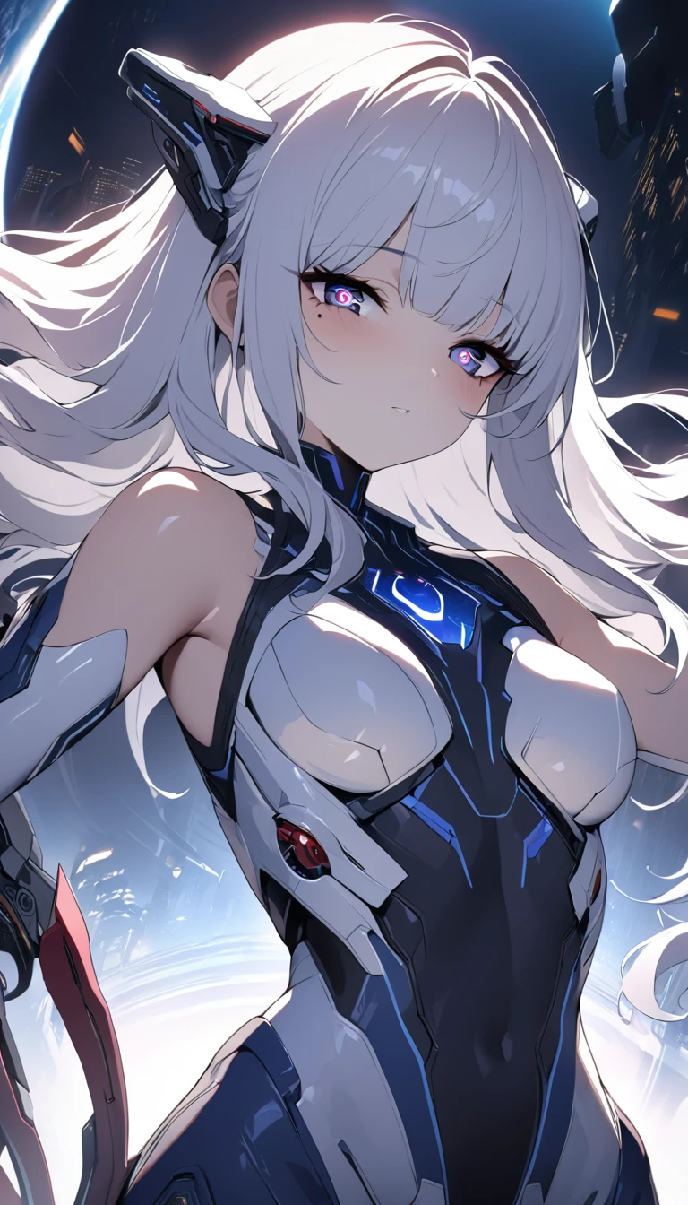 white hair, bangs, long hair, mole under eye, symbol-shaped pupils, cinematic lighting, chiaroscuro, textured skin, masterpiece, high details, super detail, A scene from a science fiction movie. A soldier who works in a city on a different planet from Earth. Wearing a functional bodysuit. The shoulders and arms are equipped with mechanical parts. young woman.