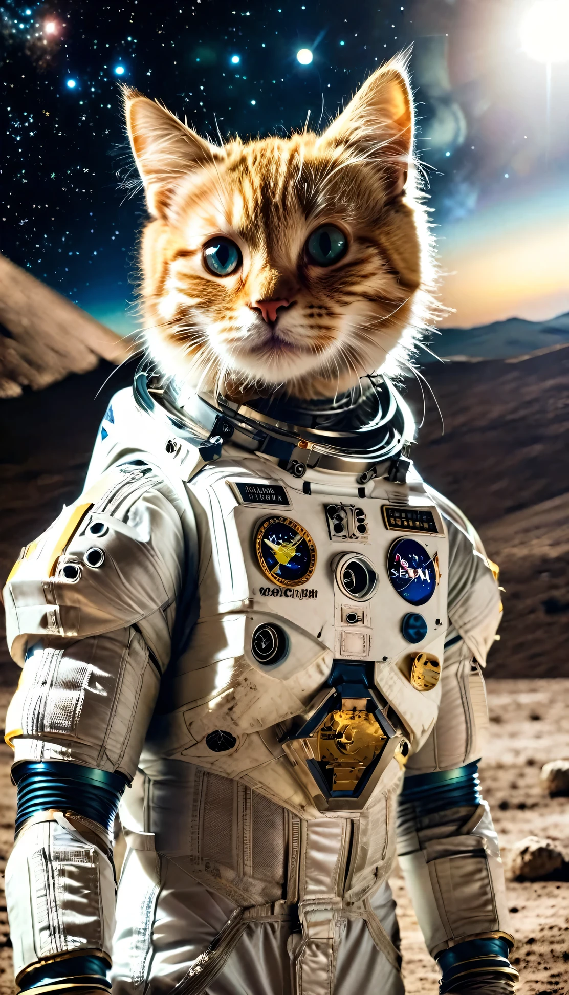 A cat in a spacesuit landed on the moon。Earth in the background。