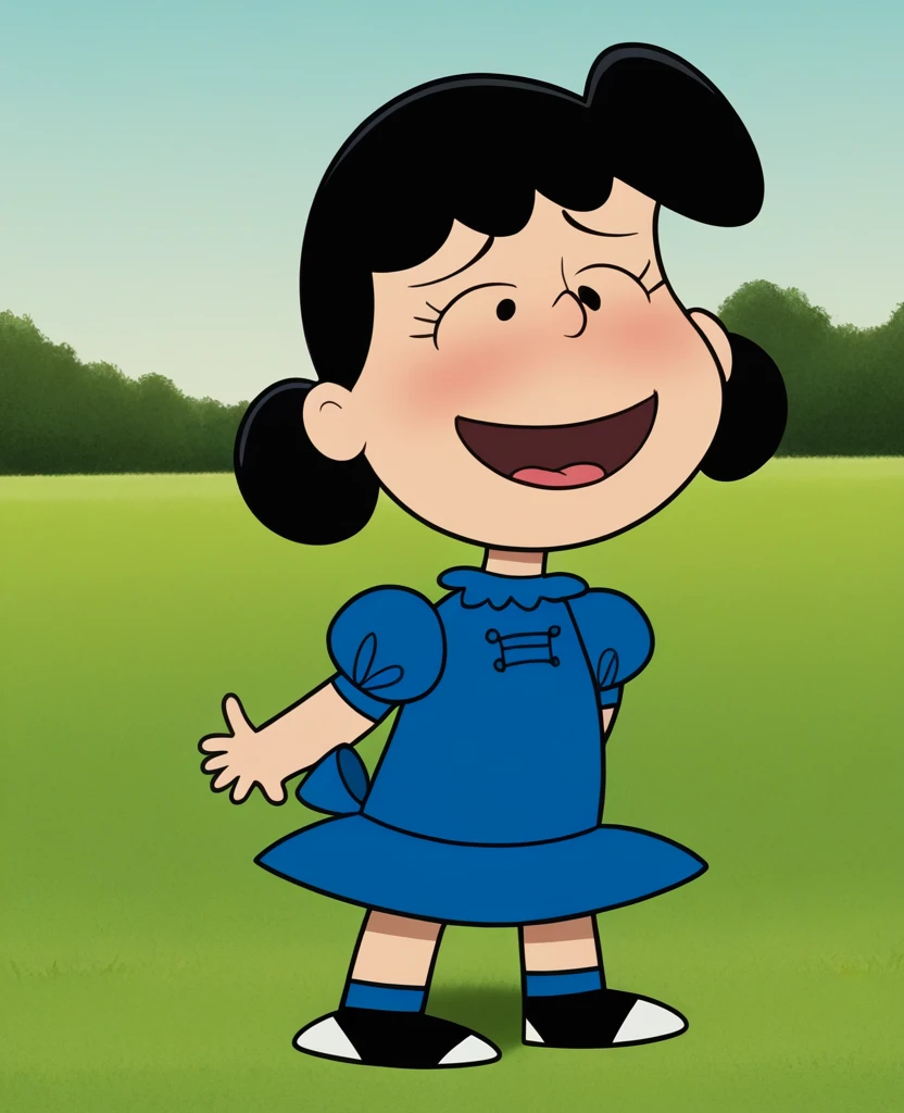 score_9, score_8, score_7, BREAK, 1girl, solo, lucy, black hair, blue dress, puffy sleeves, outdoors, grass, smiling, happy, standing, looking on viewer, bottomless, spread pussy, Ahegao, de espaldas, mostrando el ano, nalgas grandes, estatura pequeña, from behind