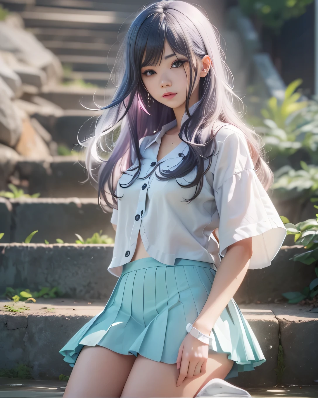 High Quality, 4K, In Frame, Close Up Portrait of Black Hair Woman in White Shirt and Light Blue Skirt, Photorealistic Anime Girl Render, Cute 3D Anime Girl Render, April Rendering, Anime VTuber Full Body Model, Full Body Xianxia, Live2D Virtual Youtuber Model, Smooth Anime CG Art, Realistic Portrait Full Body Realistic anime 3D style, photorealistic full body