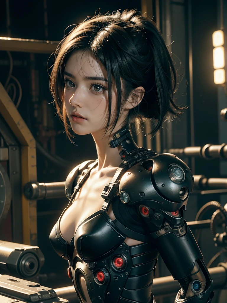 A cute mechanical cyberpunk Battle Angel Alita, mechanical limbs and body, blood vessels connected to tubes,mechanical vertebra attaching to back, mechanical cervical attaching to neck, wires and cables connecting to head, realistic details, shadows, octane render, 8k, ultra  hyperdetailed, highly intricate details, realistic light, trending on cgsociety, big eyes, neon details, depth of field f/2.8