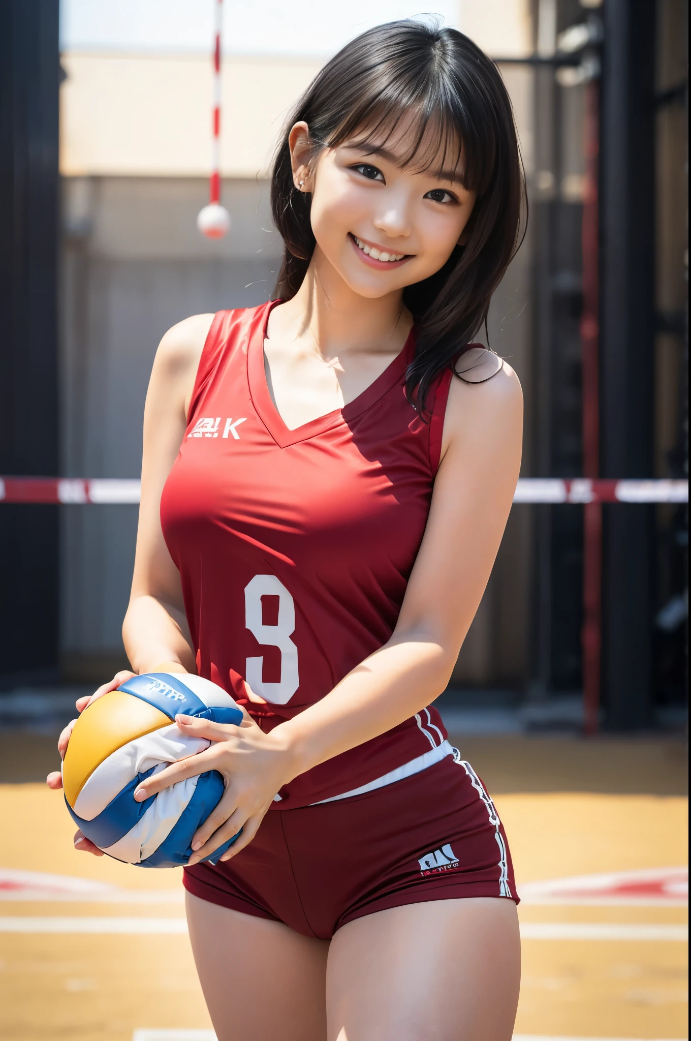 （8K、Raw photography、Highest quality、masterpiece：1.2),(Black Hair、Dark Eyes:1.9),(:1.6)、View your audience,Viewed from the front,White skin,(Red volleyball uniform:1.4)、(Tight waist:1.6)、(Clothes that accentuate the shape of the breasts:1.0)、(Big Breasts :1.3)、Slim figure、Ultra-high resolution,beautiful,beautiful fece,(One person、No background:1.9),whole bodyボディー,Japanese women,（reality的：1.37）、Photon Mapping,reality、(Baby-faced and cute: 1.4)、(Cute Smile: 1.8)、(Round face: 1.8)、Radio City、Physically Based Rendering、Depth of field rally background、photograph, (I can see your knees、Thigh close-up:1.8),（:1.6）,whole body、Great quality