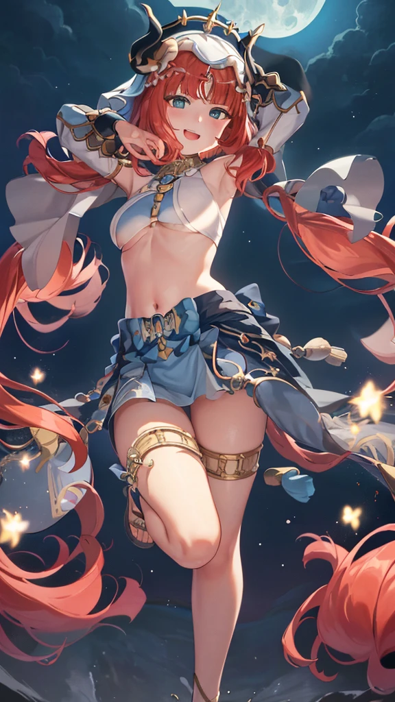 (masterpiece, best quality), super high resolution, (Top Quality photorealistic Illustration), (Super Definition), (cute illustration:1.3), (high Saturation:1.3), detailed beautiful face and eyes, very detailed background, dynamic lighting, BREAK (an extremely delicate and beautiful), (nice hands, perfect hands:1.4), (appropriate posture), (appropriate configuration), ideal ratio body proportions, BREAK Highly detailed illustration, super-cute and beautiful, best quality,slender,,babyface,cute,kawaii,((big eye)),Medium breast, floating hair, BREAK nilou (neither flower nor mist) (genshin impact), aqua eyes, nilou (genshin impact), fake horns, 1girl, solo, red hair, veil, smile, moon, long hair, crop top, jewelry, horns, night, bracer, brooch, long sleeves, puffy long sleeves, looking at viewer, skirt, bangs, twintails, water, puffy sleeves, sky, neck ring, open mouth, :d, full moon, night sky, flower, harem outfit, gold trim, parted bangs, arm up, breasts, circlet, outdoors, blue skirt, hair ornament, detached sleeves, low twintails, floating hair, gem, hair flower, blue gemstone, hand up, dancer, white headwear, small breasts, stomach, midriff, cowboy shot, blue bow, very long hair