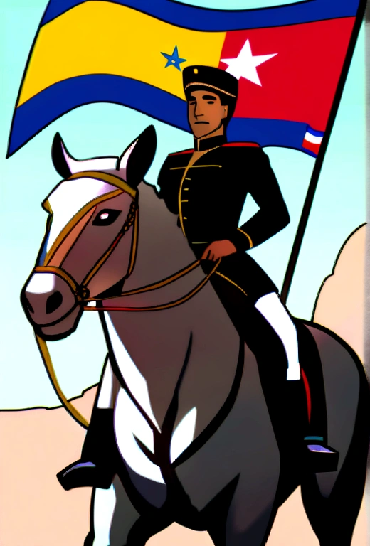 a man on horseback, elegantly dressed, rides a beautiful white steed, while proudly waving the flag of Venezuela. His majestic figure and the grace of his mount reflect the brave and noble spirit of his country.. The wind waves the flag strongly, symbolizing the freedom and determination of the Venezuelan people. It is a powerful image that evokes the beauty and history of Venezuela..