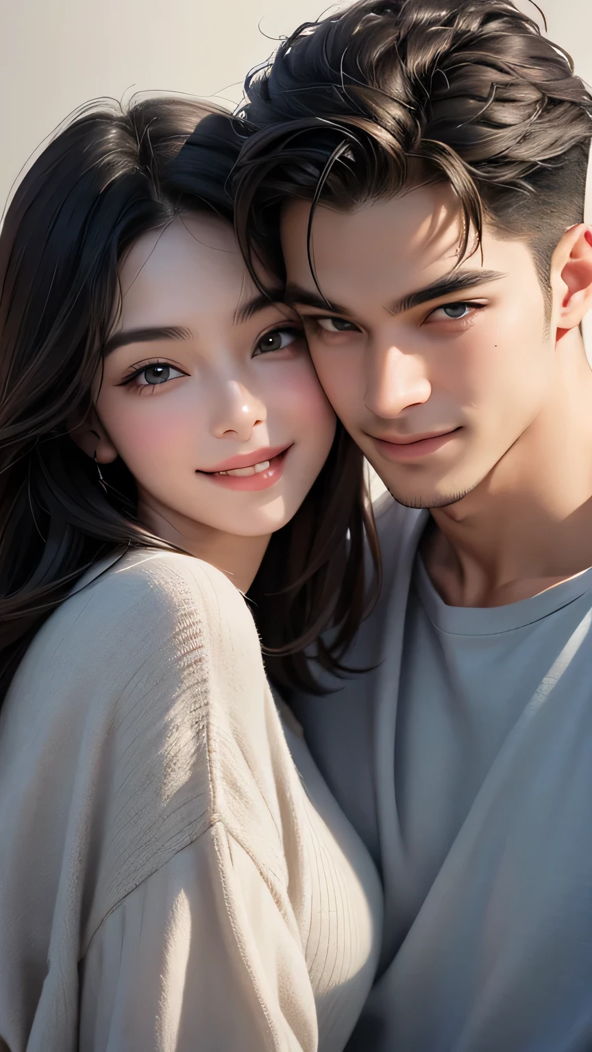 A man and a woman in loose, refreshing clothes are rubbing cheeks together、Looking straight at the camera and smiling, The background is a plain gray gradient, Close-up