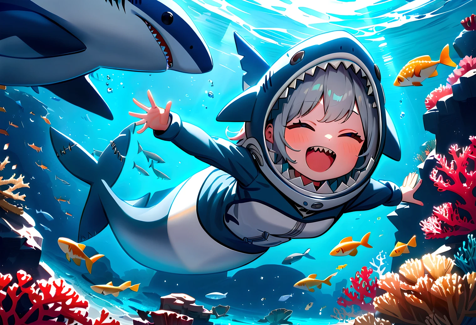 Animation, Cute girl happily exploring the sea on a shark, (wearing a shark suit), Beautiful clear sea, Sparkling coral reef, Seaweed, School of small fish, (Masterpiece), (Best quality), (high detail)