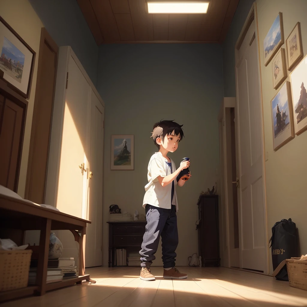 A little boy playing with toys in a living room, simple art inspired by studio ghibli's visual style, Baroque oil painting anime key visual full body portrait character concept art,  brutalist grimdark fantasy, kuudere noble dictator, trending pixiv fanbox, rule of thirds golden ratio, by greg rutkowski wlop makoto shinkai takashi takeuchi studio ghibli jamie wyeth