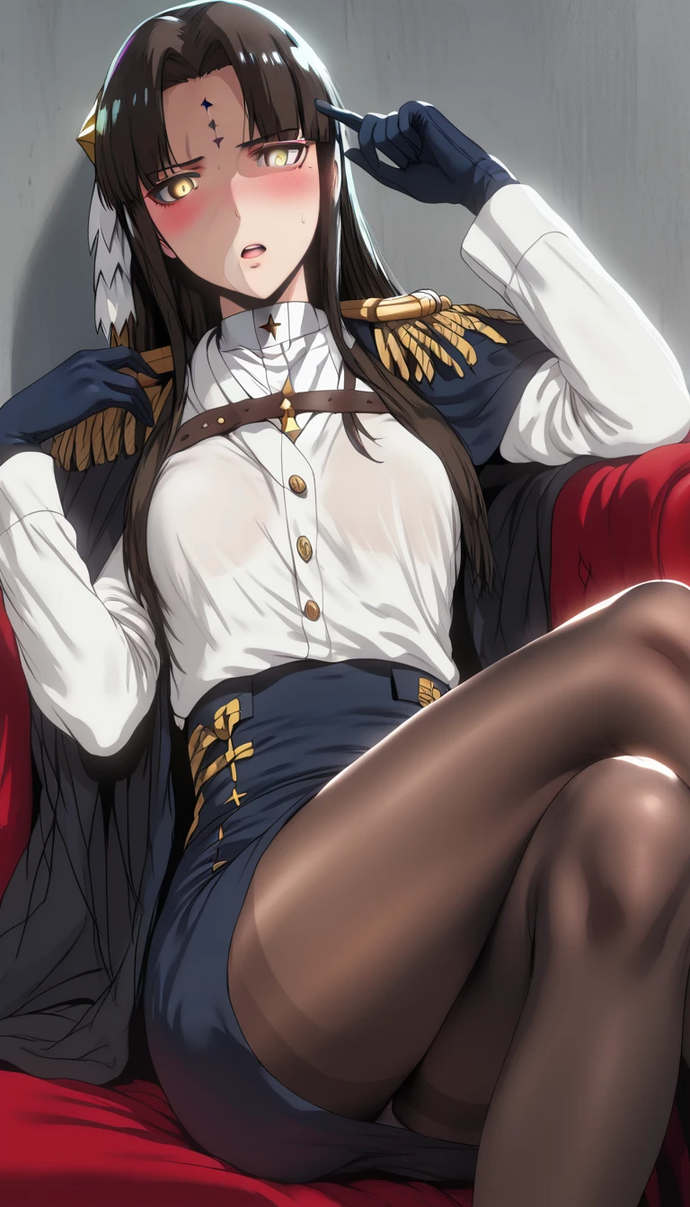 Hews art style, score_9, score_8_up, score_7_up, source_anime, michikotanaka, michiko tanaka, long hair, black hair, yellow eyes, facial mark, forehead mark, BREAK (masterpiece:1.2), best quality, high resolution, (detailed eyes:1.3), perfect lighting, (perfect hands, perfect anatomy), (small breast:1.3), narrow waist, gloves, looking_at_viewer, solo, pantyhose, shirt, blush, white_shirt, jacket, collared_shirt, anime coloring, anime screencap, hair ornament, drunk, open mouth, blush face, crossed legs, ok-sign,