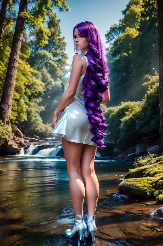 hdr, best image, 8k, photo 2;1, A BLUE RIVER, of A beautiful woman photography in hdr, from the side, white latex dress, below the knee, long purple hair, 'black shoes', GIGANTIC, COLORFUL TREES,