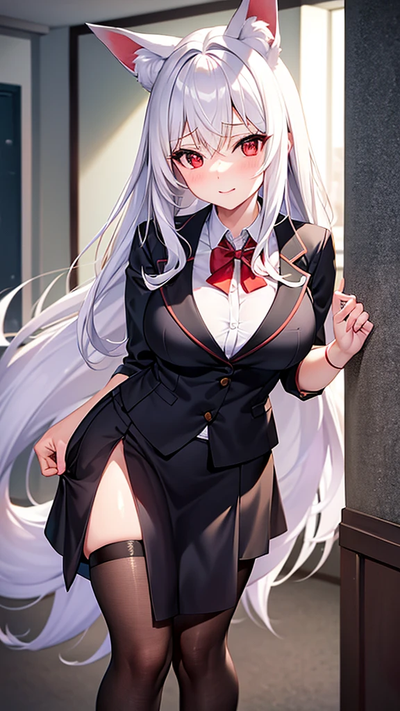An adult woman half fox and wolf, large breasts, red eyes, white hair, very shy, in school girl clothes, and very sexy