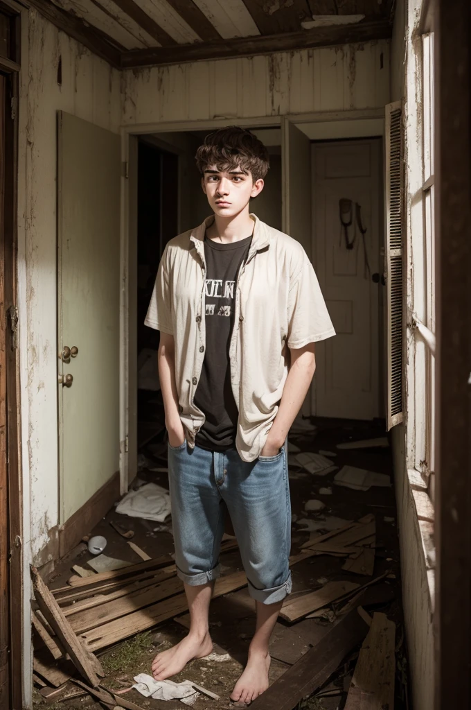 An exhausted 19 year old man in old clothes and scared inside an old abandoned house