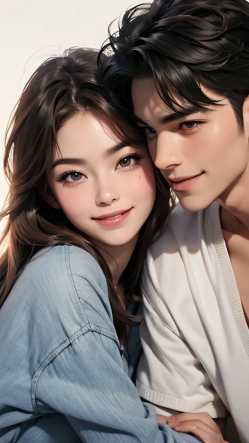 A man and a woman in loose, refreshing clothes are rubbing cheeks together、Looking straight at the camera and smiling, The background is a plain gray gradient, Close-up