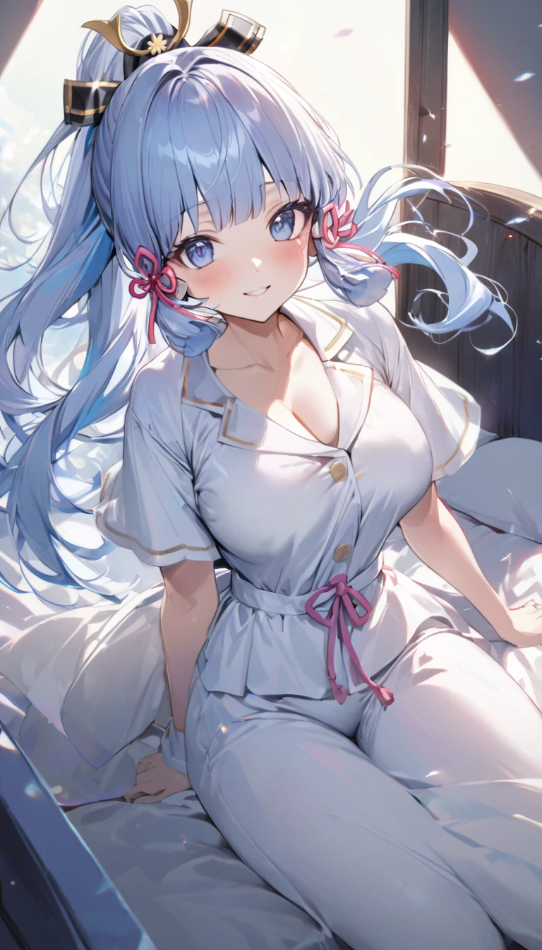 Ayaka, Blue long hair, Pretty Face,Smile,Close to hip, Giant breasts, Sitting on the bed, Wearing beautiful white pajamas, (open mouth:0.4),illustration,Detailed texture(Realist),Extremely detailed,Portrait Style,Bright colors,Soft lighting, blush, Mature, No, Flying hair, Breast tenderness