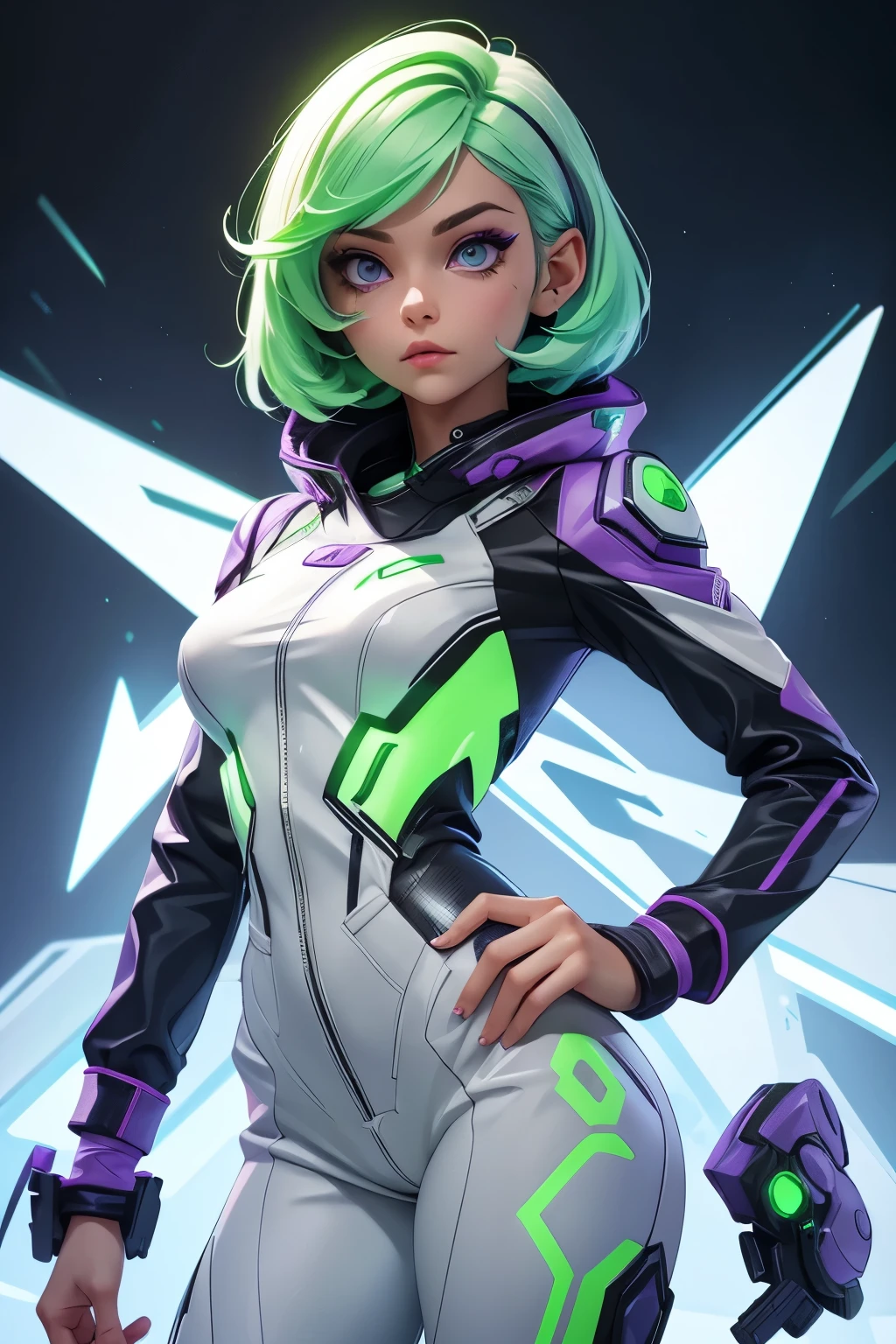 white background, a female in a sci-fi jumpsuit with led lights making shapes, she has short light green hair, purple eyes, silver clothing.