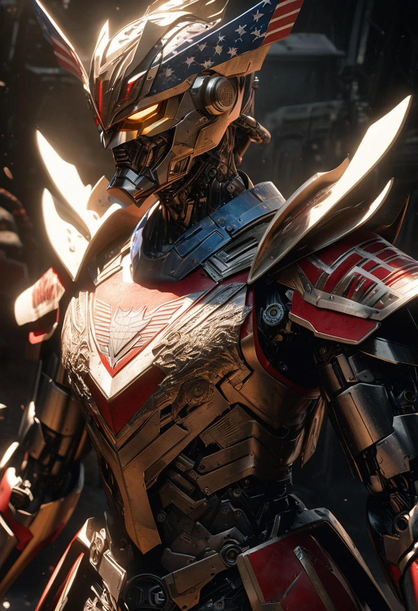 A detailed, cyborg-inspired kamen rider in american costume, intricate armor, lotus flower motifs, dramatic lighting, highly realistic, cinematic, award-winning digital art, 8K, photorealistic, volumetric lighting, hyper detailed, america hero, america pattern