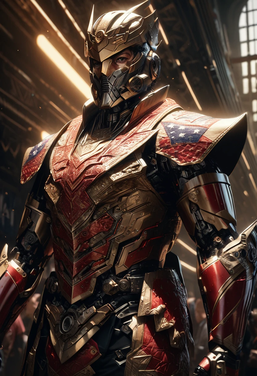 A detailed, cyborg-inspired kamen rider in american costume, intricate armor, lotus flower motifs, dramatic lighting, highly realistic, cinematic, award-winning digital art, 8K, photorealistic, volumetric lighting, hyper detailed, america hero, america pattern
