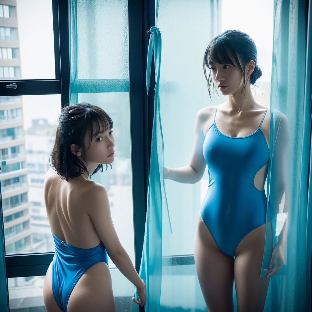 there is a woman that is looking out of a window, Looking Outside, Wet swimsuit, In a plastic blue dress, Wearing a leotard, Leaning against the window, Wearing Atsuko Kudo&#39;s latex costume, Blue body, Blue body paint, Translucent body, Next to the window, Wearing a swimsuit, Morning light, Wearing a dress made of water