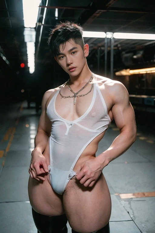 Black hair, Big bulge, very hairy armpits, hairy pubic, hairy crotch, Cute handsome face, In the dirty alley, Zephyr stands bound, WEARING Tiny thong, his wrists encased in supple leather cuffs that accentuate the lines of his forearms. A bondage chest harness adorns his upper body, its intricate design revealing the play of shadows on the exposed skin of his chest. The ambient lighting casts a warm glow, creating an interplay of light and darkness. Zephyr's legs, enveloped in calf-to-thigh leather restraints, add a visual symmetry to the scene. The leather straps, secured with meticulous precision, enhance the aesthetic appeal of his bound form. The absence of a body panel in the chest harness exposes his torso, highlighting the vulnerability and sensuality of the moment. As Zephyr's hair falls slightly disheveled around his face, the room captures the scents of leather and anticipation. The alley becomes a canvas for the visual impact of restraint, each element contributing to the immersive experience. The intricate details of the bindings and the interplay of light create a visually compelling scene, ripe for exploration by an AI image generator. Both Arms behind back, handcuffed. Nipple clamps. , full bodyesbian , epic reality , epic photorealistic , ultra realism , photorealistic , only male , only boy , full length shot (FLS) , wearing sexy micro string thong , arms up, handsome korean boy , (topless) , sex slave. ,bondage collar chain , standing , wide hips , wide pelvis , phat hips. , thick thighs , (warm tone photo) , very tight , (stocking garter) , snake eyes, thin lip. Buzz cut hairstyle , (((Nipple clips)))
