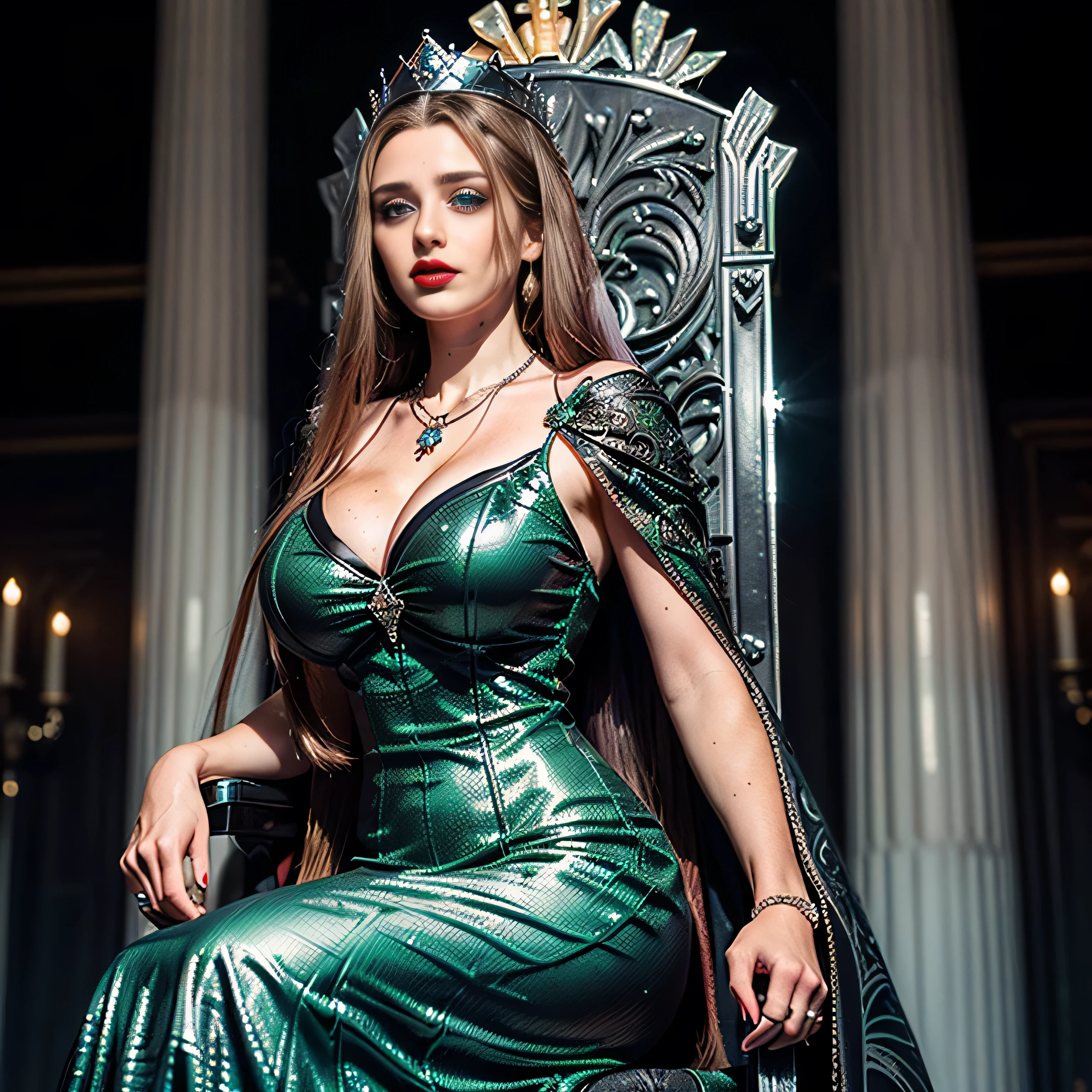((masterpiece, photorealistic:1.4, extremely intricate:1.3, photon mapping, radiosity, physically based rendering, ultra resolution, hyper-realistic, photorealistic:1.4, hyper-realistic, 8K)), ((solo athletic age supermodel, (satisfied, serious, aloof, ((([large breasts:huge breasts:0.5])) fantasy green etched brocade elegant dress, black cape, ((queen))), necklace, Makeup:1.0, red lips, (((long straight hair))) [blonde hair:dark hair:0.5], [skin detail:freckles:0.7]))), fujicolor, ((she sits on a black chrome throne)) in a medieval castle throne room