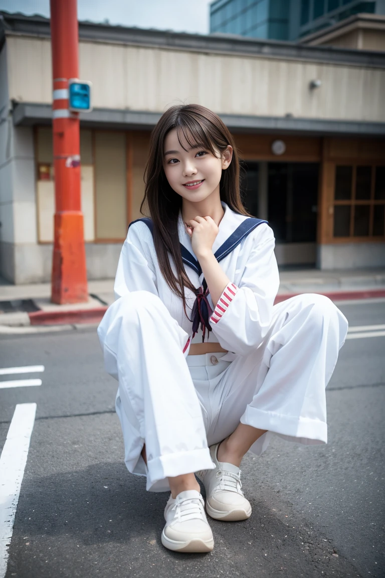 8K, Highest Quality: 1.4, High Resolution: 1.5, (Photorealistic: 1.4), Masterpiece: 1.2, (Highest Quality: 1.4), Raw Photo, A Japanese woman in a sailor uniform squats on the sidewalk, spreads her legs, and lifts her skirt with both hands to show her panties, 18 years old, Stock Photo, Japanese uniform, Beautiful and attractive anime teen, Japanese uniform, Beautiful school girl, (shy smile), Smooth skin,White pants、Lift the skirt with both hands to show the pants