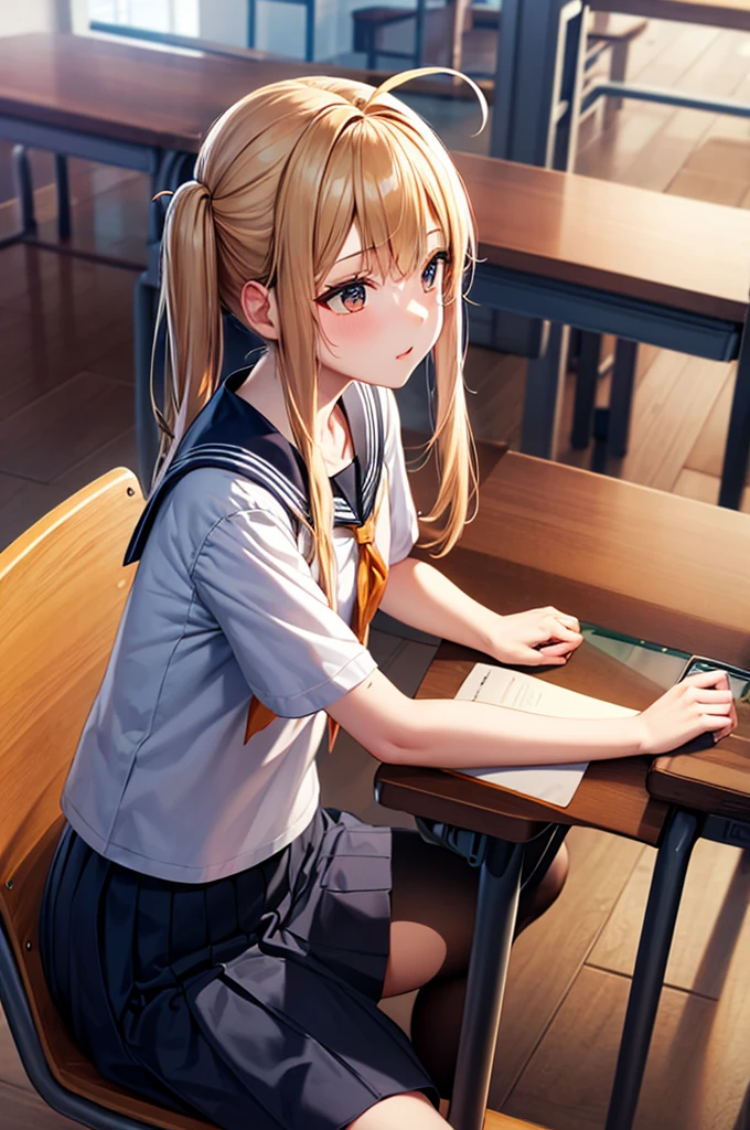 (Highly detailed CG Unity 8k wallpaper,masterpiece, Highest quality, Super detailed),School classroom atmosphere,wood々Sunlight shining through the gaps,A beautiful blonde high school girl with twin tails and ahoge(D Cup),Smartphone in hand,Tinker,Beautiful black-haired ,Skinny and flat chested, Wearing a sailor uniform,Sitting on a chair、He is having a conversation with a blonde girl sitting at a desk.,in the evening.