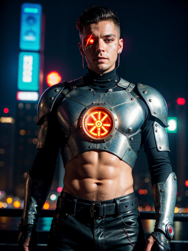 Professional photo in cyberpunk style, thigh-high photo, one man, metal skull, scar on face, metal torso, metal arms, old rusty armor, night city, neon lights, eye contact, looking at viewer, masterpiece, best quality, perfect detail, perfect face detail, perfect eye detail, perfect skin detail, depth of field, perfect lighting