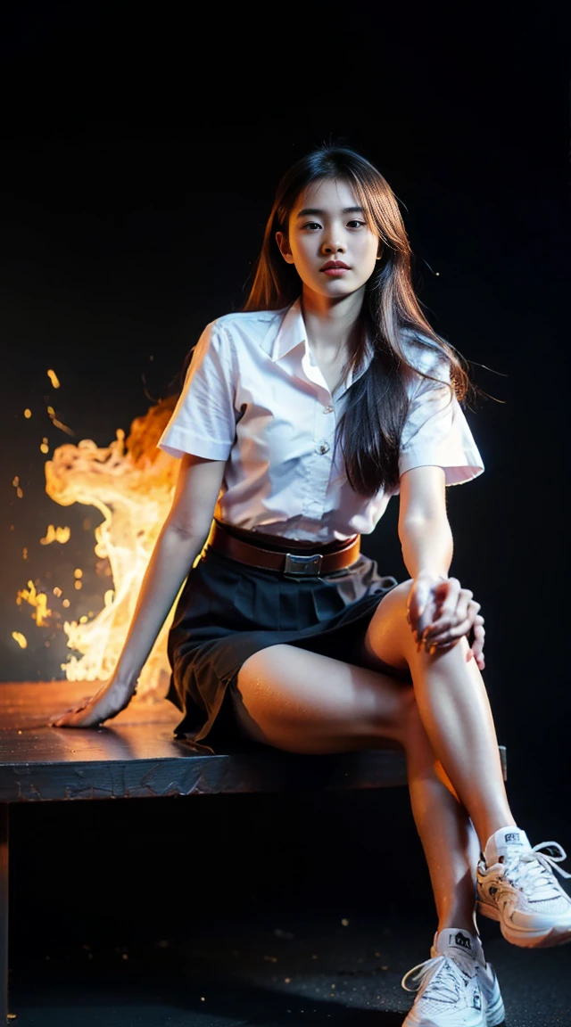 18 year old woman in Thai university uniform, white shirt, black skirt, brown belt, white sneakers, Sitting cross-legged on the table, dark background, fire goddess, creating fire from hand, fire long hair, fire on the background, high detail, realistic, cinematic scene, dynamic pose