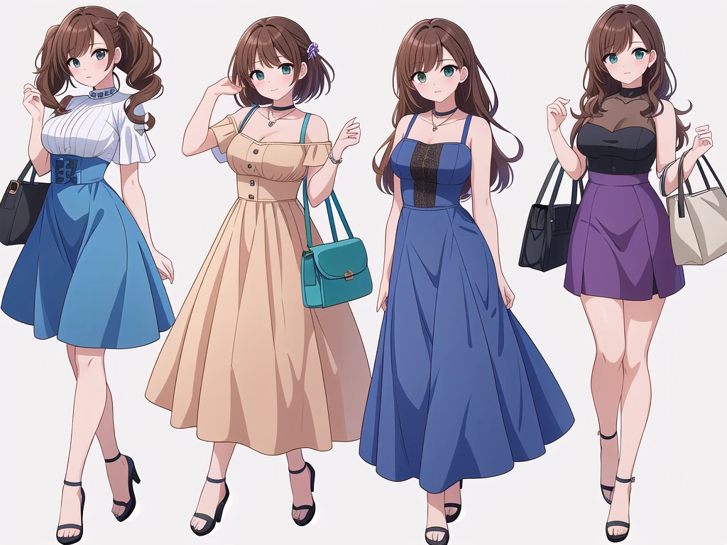 (((Best Quality))) , ((full body)), 4 lady, adult woman, multiple views, (((white background,))) variety of hairstyles, variety of fashion styles, seductive pose, fashionable and trendy atmosphere, holding bag, summer outfits, walk pose, dark blue/dark orange/dark green/dark violet/brown/white, short pants,   bustier,
