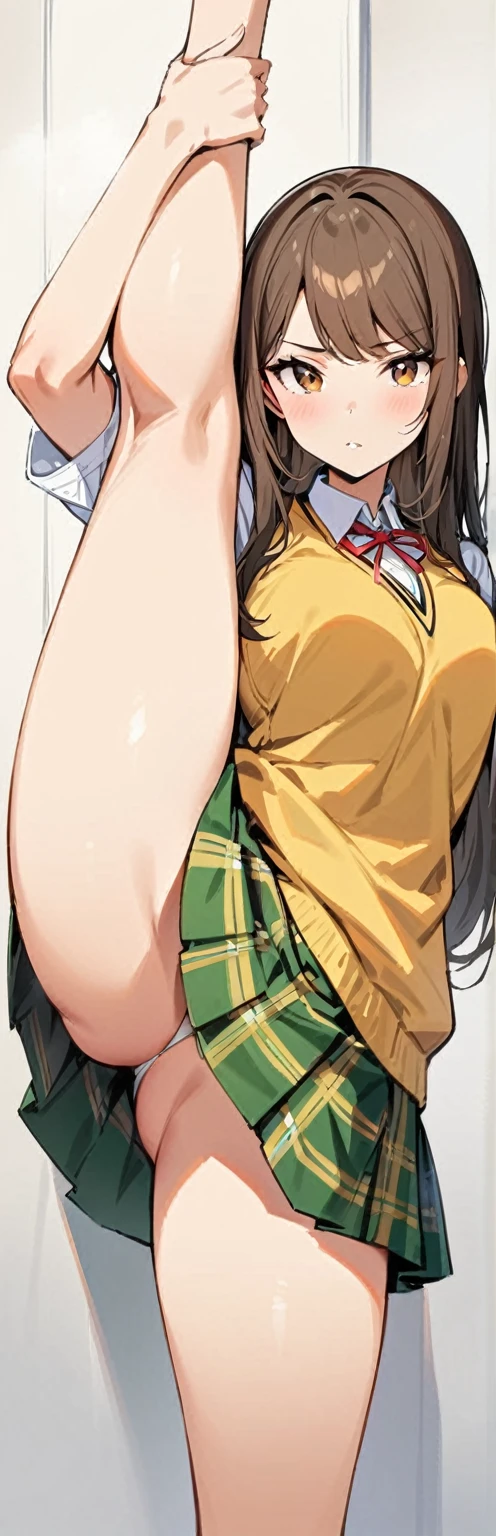 (masterpiece, best quality:1.2), 1girl, solo,standing_split,
Shinobu kochu, brown eyes, brown hair, hair ornament,long hair,green plaid skirt, sainan high , , white shirt, yellow sweater vest,no panty