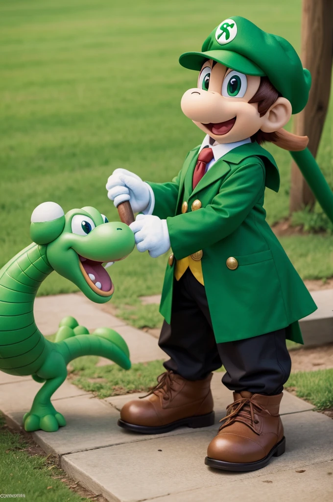 Yoshi from Super Mario World dressed in the Slytherin uniform from Hogwarts School