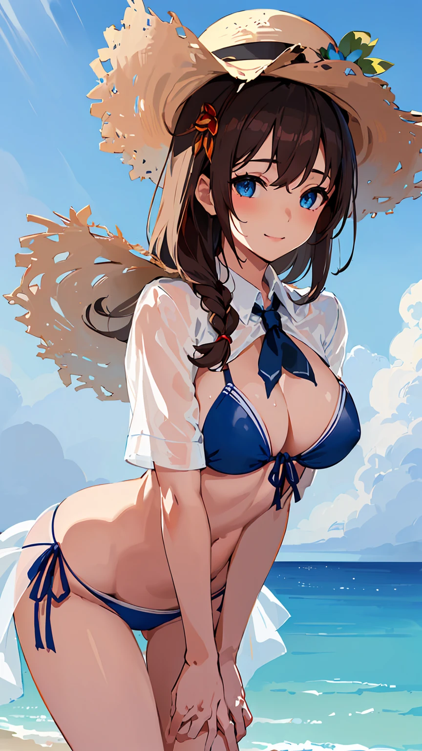 (masterpiece), (Highest quality), (Very detailed), Realistic, (Best illustrations), (Very delicate and beautiful), One Girl, alone, Detailed landscape, Sparkling Beach, blue sky, White cloud, kcshigurek3su, Cowboy Shot, Leaning forward, Detailed Iris, fine grain, Side tie bikini bottom, hair ornaments, Hair flap, Single Blade, Brown Hair, Straw hat, Hat Flower, Front tie bikini top, Black tie, Collared shirt, See-through, Blue Ribbon, A light smile, Short sleeve,
Very beautiful eyes、Very beautiful face、very elaborate body、Very fine skin, very elaborate hair ornaments, Precision sculpted body and hands, Wet transparent shirt