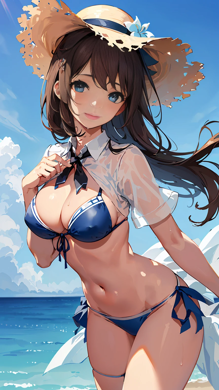 (masterpiece), (Highest quality), (Very detailed), Realistic, (Best illustrations), (Very delicate and beautiful), One Girl, alone, Detailed landscape, Sparkling Beach, blue sky, White cloud, kcshigurek3su, Cowboy Shot, Leaning forward, Detailed Iris, fine grain, Side tie bikini bottom, hair ornaments, Hair flap, Single Blade, Brown Hair, Straw hat, Hat Flower, Front tie bikini top, Black tie, Collared shirt, See-through, Blue Ribbon, A light smile, Short sleeve,
Very beautiful eyes、Very beautiful face、very elaborate body、Very fine skin, very elaborate hair ornaments, Precision sculpted body and hands, Wet transparent shirt