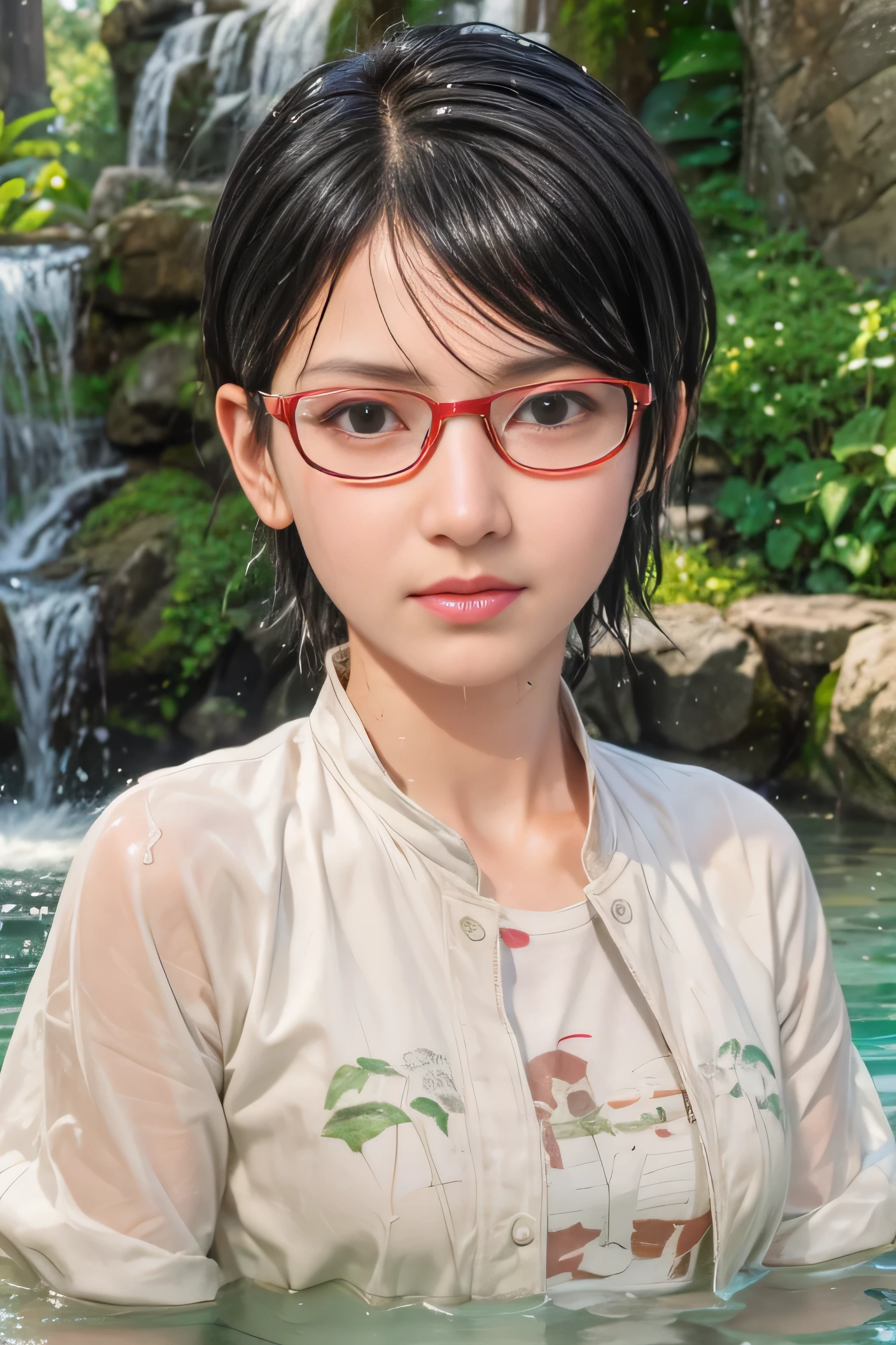masterpiece, best quality, (realistic,photo-realistic:1.4), (RAW photo:1.2), extremely detailed CG unity 8k wallpaper, delicate and beautiful, amazing,finely detail, official art, absurdres, incredibly absurdres, huge filesize, ultra-detailed,extremely detailed eyes and face,light on face,(little smile),(black hair:1.4),(wearing white coat:1.4),(very short hair:1.4),nature,sarada uchiha ,(wearing red framed glasses:1.4),(nature background:1.4),(wearing cream t-shirt),(wet body:1.4)