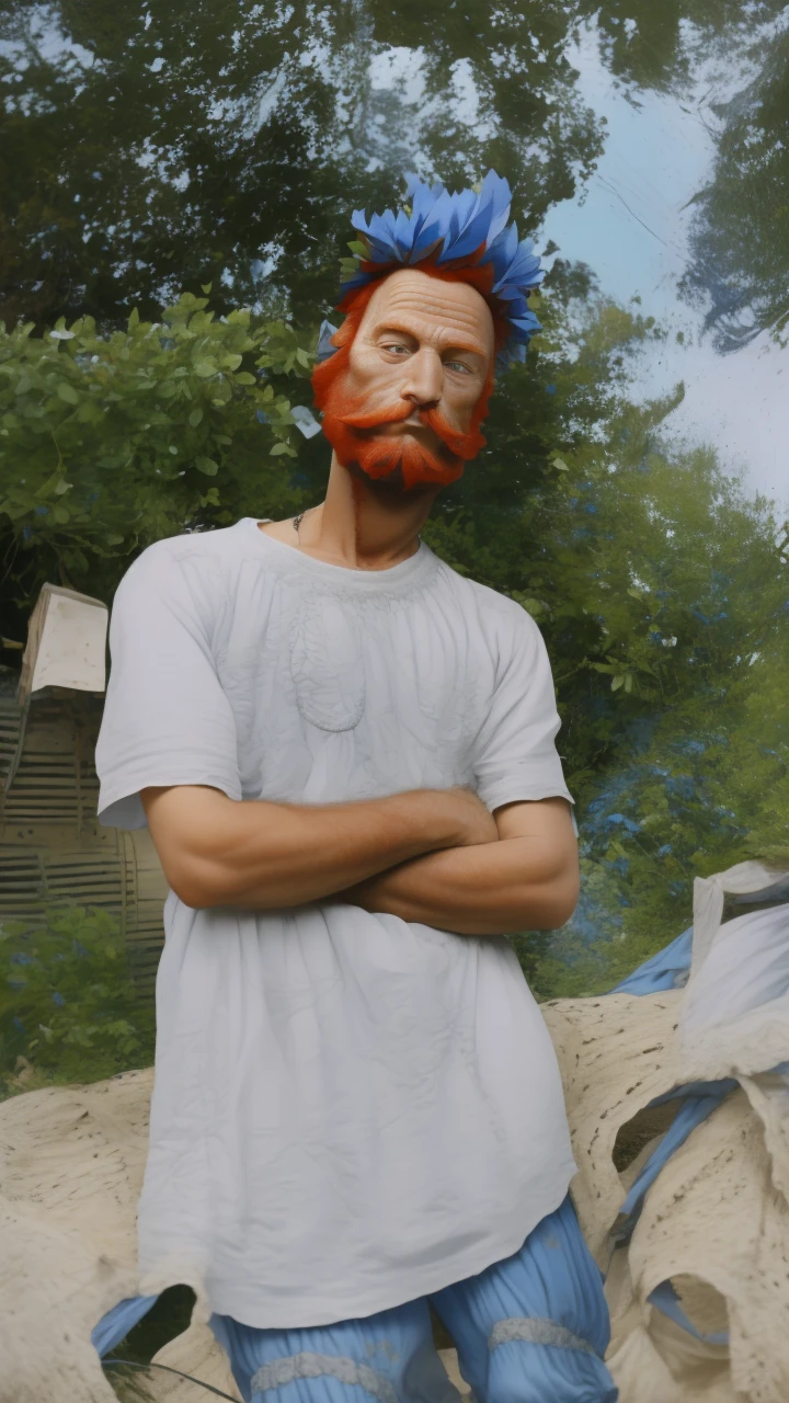 Arafed man with a blue crown and robe, red-haired and graying medieval king, red-haired beard, thinning beard, age 50 years, short hair, portrait of emperor of humanity, highly detailed character, painted in high resolution.