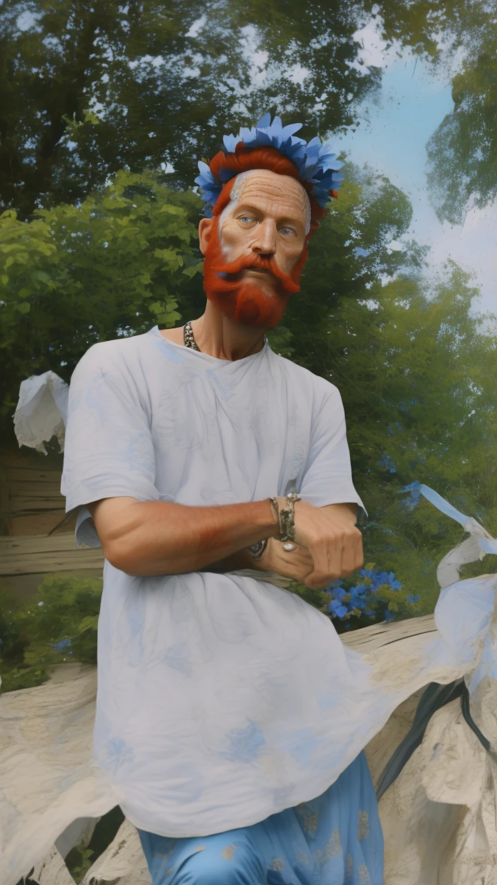 Arafed man with a blue crown and robe, red-haired and graying medieval king, red-haired beard, thinning beard, age 50 years, short hair, portrait of emperor of humanity, highly detailed character, painted in high resolution.