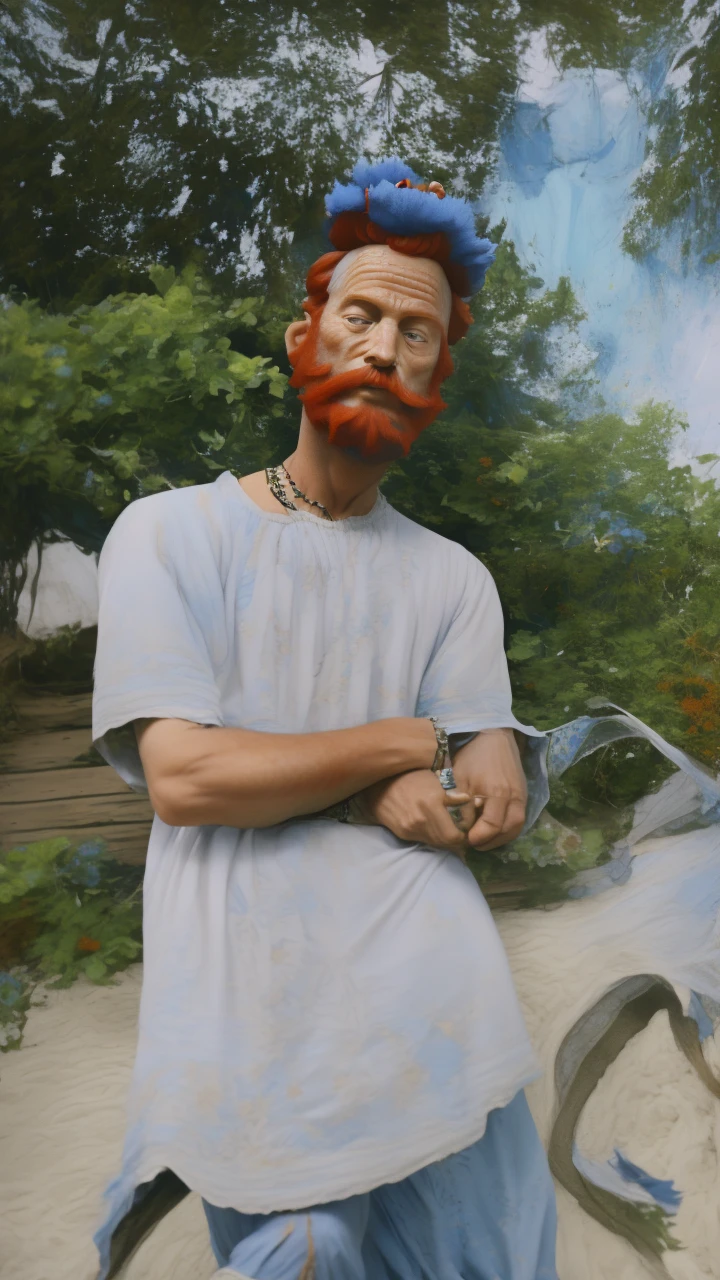 Arafed man with a blue crown and robe, red-haired and graying medieval king, red-haired beard, thinning beard, age 50 years, short hair, portrait of emperor of humanity, highly detailed character, painted in high resolution.