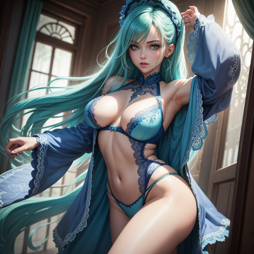 Best quality, A high resolution,A woman Sexy Blue lace clothes, best quality and image resolution, detailed Green hair and best quality, yellow eyes, best quality, white woman, detailed body, quality,Big
