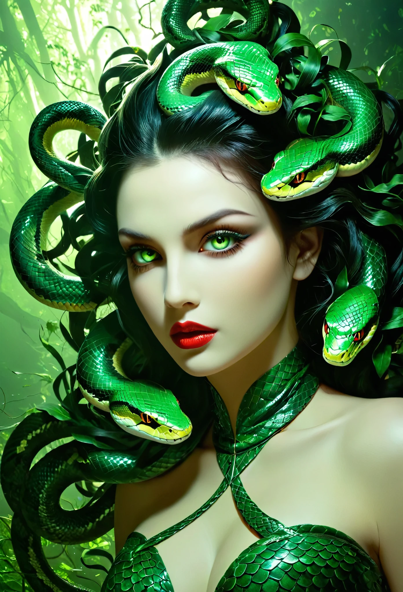 Medusa Gorgon in Gothic style, (Her hair is composed entirely of writhing, venomous snakes, each one with glistening scales and eyes that burn with a malevolent glow:1.5), The snakes are alive, constantly moving and hissing, adding a dynamic, almost hypnotic quality to her appearance. (A dark aura rising from her entire body:1.4), full lips painted a deep crimson, and piercing eyes that glow with an otherworldly green light. Her skin is a pale, almost ethereal white, smooth and flawless but with a slight shimmer that gives her an unearthly quality. (She is half French, and is a stunning beauty with detailed eyes and a high nose:1.1), thick eyebrows, detailed facial features, long graceful neck