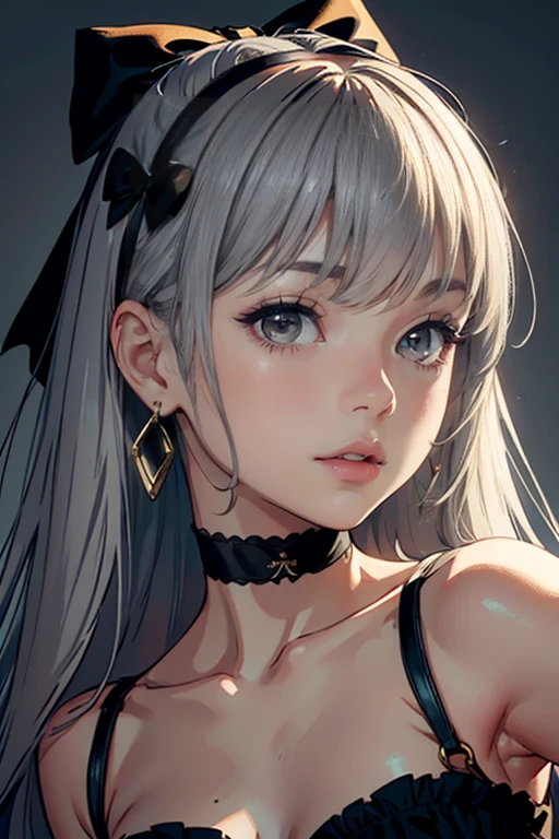 cute, ultra-detailed, figure, Complex, detailed, extremely detailed, detailed face, Soft Lighting, Soft Light, Soft Focus, Perfect Face, beautiful, Accurate anatomy, Exposure, 8K, 4K, (High resolution:1.1), Highest quality, (masterpiece:1.3), One girl, alone, jewelry, Brown eyes, View your viewers, Earrings, Grey Hair, bangs, choker, Mouth closed, Portraiture, clock, hair ornaments, Simple Background, Gray background, Long Hair, Headrest, lips, hair bow, black choker, bow, eyelash