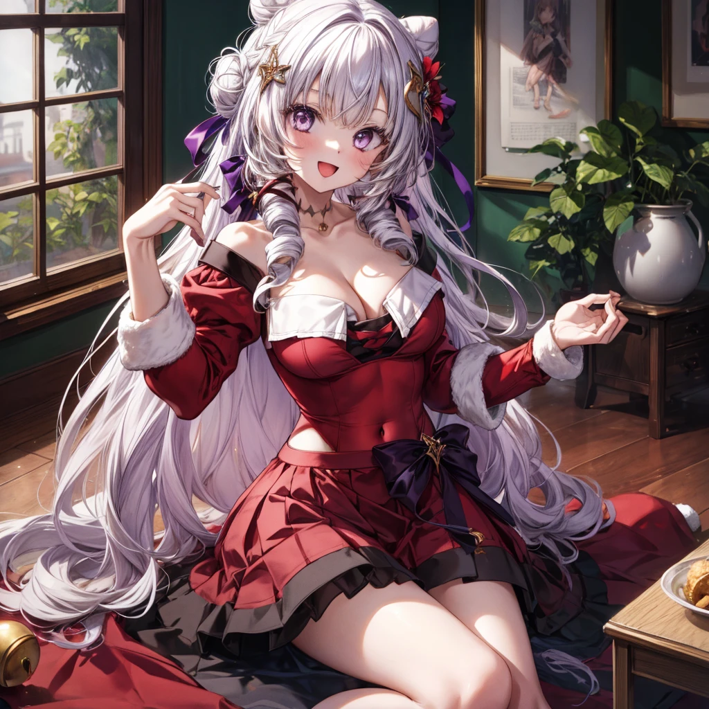 ((Highest quality)), ((masterpiece)), (detailed), the girl in a santa costume is sitting on the floor with all of her ornaments, 1girl, breasts, black ribbon, 独奏, long hair, hair bun, purple eyes, cleavage, ribbon, sitting, double bun, navel, looking at viewer, smile, hair ornament, open mouth, ahoge, skirt, bell, hair flower, flower, red skirt