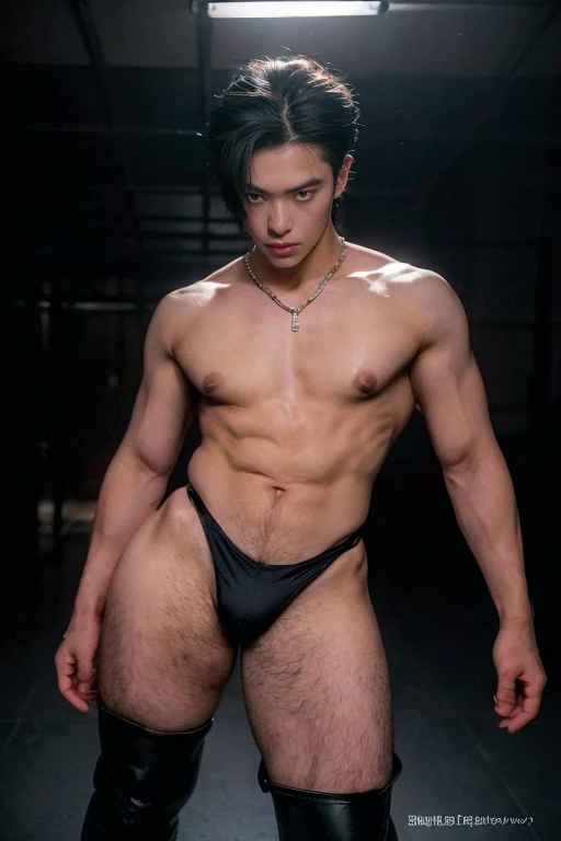 Black hair, Big bulge, very hairy armpits, hairy pubic, hairy crotch, Cute handsome face, In the dirty alley, Zephyr stands bound, WEARING Tiny thong, his wrists encased in supple leather cuffs that accentuate the lines of his forearms. A bondage chest harness adorns his upper body, its intricate design revealing the play of shadows on the exposed skin of his chest. The ambient lighting casts a warm glow, creating an interplay of light and darkness. Zephyr's legs, enveloped in calf-to-thigh leather restraints, add a visual symmetry to the scene. The leather straps, secured with meticulous precision, enhance the aesthetic appeal of his bound form. The absence of a body panel in the chest harness exposes his torso, highlighting the vulnerability and sensuality of the moment. As Zephyr's hair falls slightly disheveled around his face, the room captures the scents of leather and anticipation. The alley becomes a canvas for the visual impact of restraint, each element contributing to the immersive experience. The intricate details of the bindings and the interplay of light create a visually compelling scene, ripe for exploration by an AI image generator. Both Arms behind back, handcuffed. Nipple clamps. , full bodyesbian , epic reality , epic photorealistic , ultra realism , photorealistic , only male , only boy , full length shot (FLS) , wearing sexy micro string thong , arms up, handsome korean boy , (topless) , sex slave. ,bondage collar chain , standing , wide hips , wide pelvis , phat hips. , thick thighs , (warm tone photo) , very tight , (stocking garter) , snake eyes, thin lip. Buzz cut hairstyle , (((Nipple clips)))