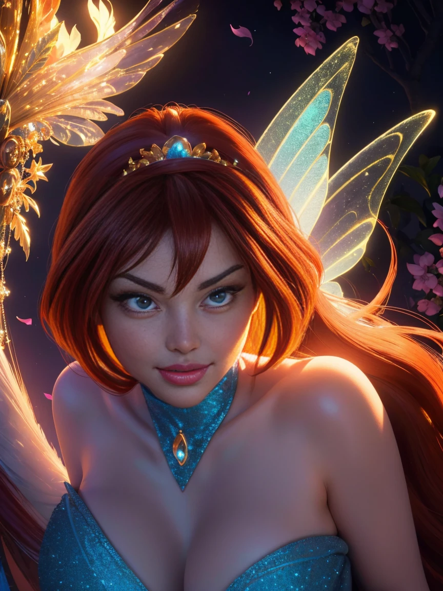 (best quality,4k,8k,highres,masterpiece:1.2), ultra-detailed, (realistic,photorealistic,photo-realistic:1.37), fairytale art, portraits, HDR, enchanted garden, dazzling colors, bewitching glow, dreamy atmosphere, ethereal beauty, sunlight filtering through trees, shimmering fairy wings, soft and flowing hair, sparkling stars, delicate details, magical creatures, fantasy realms, alluring pose, graceful movements, whimsical elements, enchanting scenery, sensual smile, expressive eyes, translucent petals, charming allure, vibrant and rich hues, mystical ambiance, radiant lighting, spellbinding fantasy, captivating charm, intriguing shadows, captivating storyline