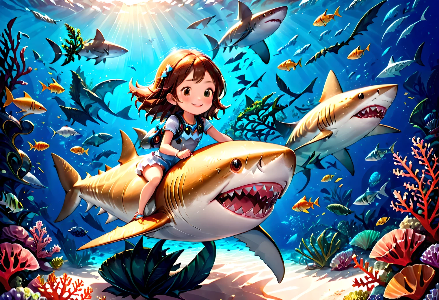 Animation, Cute girl happily exploring the sea on a shark, (wearing a shark suit), Beautiful clear sea, Sparkling coral reef, Seaweed, School of small fish, (Masterpiece), (Best quality), (high detail)
