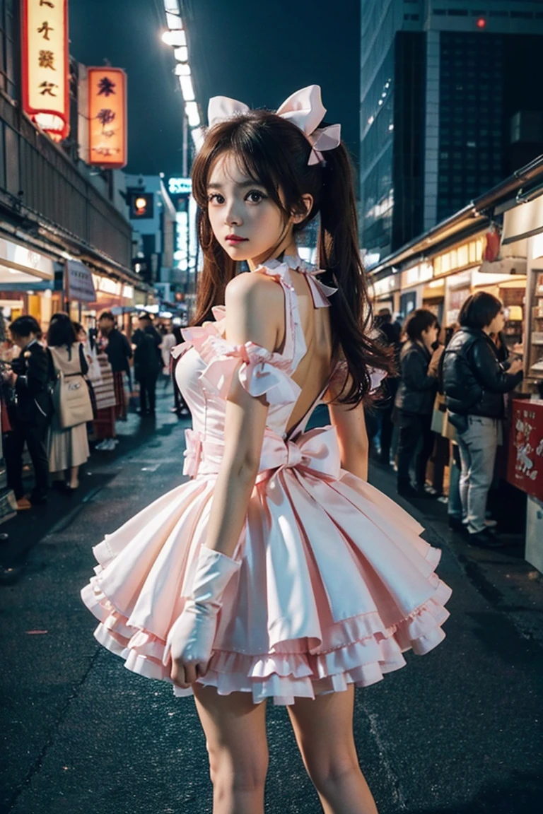 Magical_Girl_Costume),(Chibi:0.5),Pink short twin tails,Bow,Open shoulder dress with frills,Ribbon on the back of the neck,White gloves,Red gem in the middle of the collarbone\) Standing with a lost and confused face, Showing the viewer the whole body, Breaking,Tokyo Big Sight,Comic Market background,(Breaking,Quality\(8k,Highly detailed CG unit wallpaper, Masterpiece,High resolution,Top-quality,Top-quality real texture skin,Ultra-realistic,Increase resolution,RAW photo,Top quality,Highly detailed,Wallpaper,Cinema lighting,Ray trace,Golden ratio\),(Long shot),Wide shot,Landscape,Precise background,(Photo by top photographer:1.3) Information
