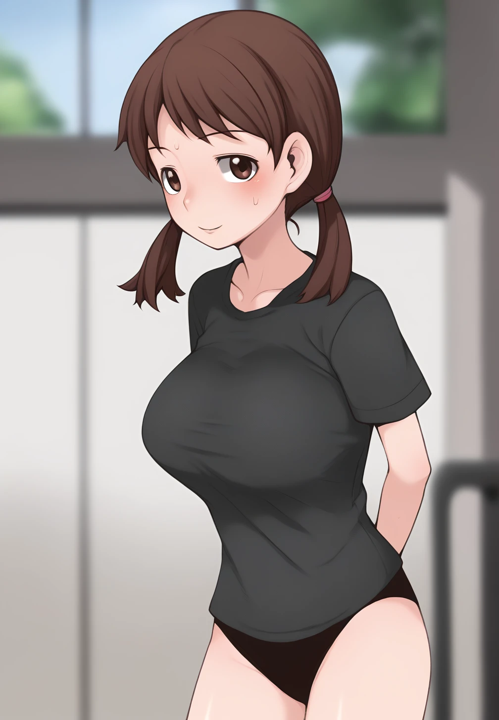 score_9,style by terasu mc BREAK school,blurry background,depth of field BREAK solo focus,  nao_\(terasu_mc\), brown hair, big breasts, low twintails,, looking at viewer,