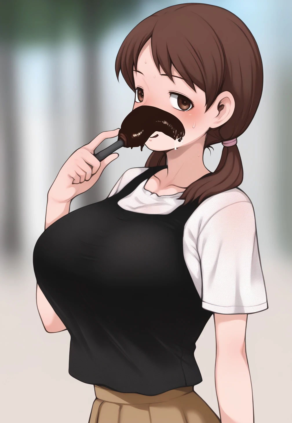 score_9,style by terasu mc BREAK school,blurry background,depth of field BREAK solo focus,  nao_\(terasu_mc\), brown hair, big breasts, low twintails,, looking at viewer,