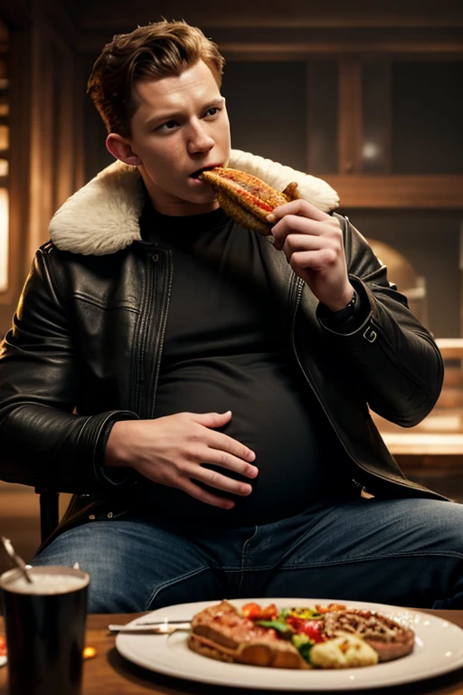 Tom Holland, Giant Belly, Big Bulge, Eating food, Bursting out of jacket, leather jacket with fur trim, long sleeves, black jeans, volumetric lighting, athletic, best quality, masterpiece, intricate details, tonemapping, sharp focus, hyper detailed, trending on Artstation, looking at viewer, realistic, Obese 
