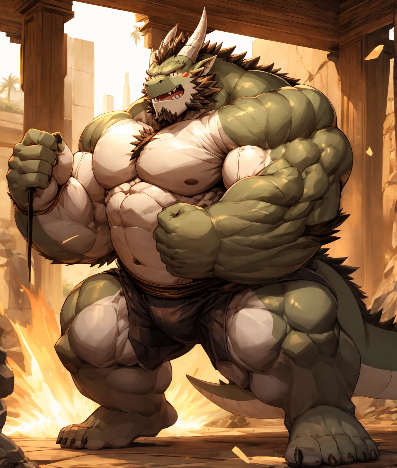 Dragon Orc,Strong body,muscular,Like a born strong man。His skin looks healthy and fair...,Muscle and fat intertwined,Create unique skin texture,Perfect and powerful。
His arms are as strong as iron pillars,Well-defined muscles,It seems to contain infinite power。Palms are generous,Sharp fingers and claws,Showing his wildness and strength。
He has a big heart,Muscle bulge,As if it could withstand any impact。Very good abdominal muscles,腰部Full of power,Like an indestructible mountain。
His legs are muscular,Seems to be able to overcome any obstacle。Calf muscle lines are smooth,Full of power,A dragon that looks strong and agile'The tail is strong and powerful,The scales at the end of the tail shone with cold light,Showing his majesty and mystery。
The whole picture is dominated by cold colors..,强调白Dragon Orc的力量和威严。In the treatment of light and shadow,Let the gentle sunshine shine on him,Make his muscles more three-dimensional and vivid。at the same time,Pay attention to his facial expressions and eyes,He showed his perseverance and courage,Like an invincible strongman。