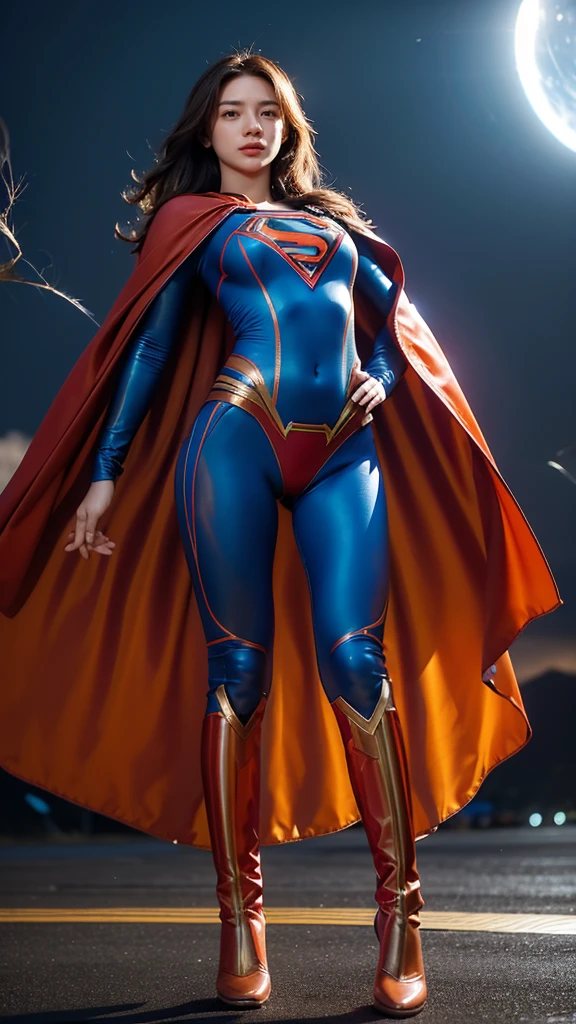 Masterpiece, best quality, NVIDIA RTX, full makeups, extremely beautiful, orange wavy hair, hair blown by winds, sharp picture, realistic skin details, cinematic lightning, intricate details, ((futuristic Supergirl)), ((tight suit)), ((sexy suit)), ((blue latex panties)), ((Supergirl symbol)), perfect face, proportional body, (cape blown by strong winds:1.3), ((full body)), cameltoe:1.4, thighs gap, bright background, posing in the middle, symmetrical pose, epic lights reflection, night, smokes, from below