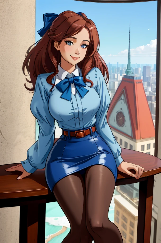 beautiful smiling woman, wearing Bow-back blouse and belted skirt, miniskirt, Pantyhose, Sitting on the edge of a table or ledge, ((solo)), (Mahogany, Sky, Ice blue palette), masterpiece, 8k, high resolution, shallow depth of field, sharp focus